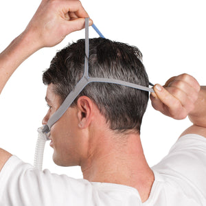 A man adjusting headgear on the nasal pillow cpap mask