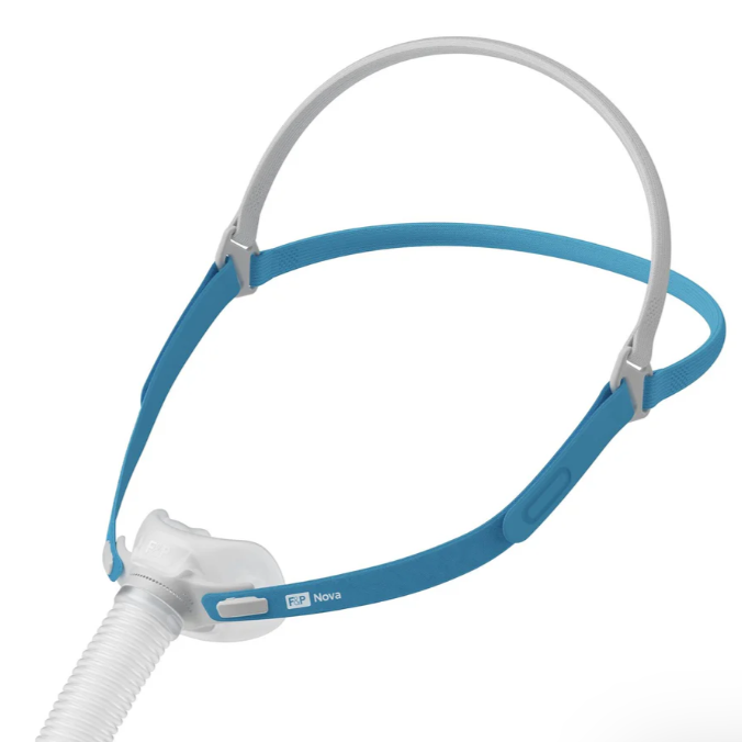 Overhead view of Nova Micro mask and blue headgear highlighting ultra-low-profile design