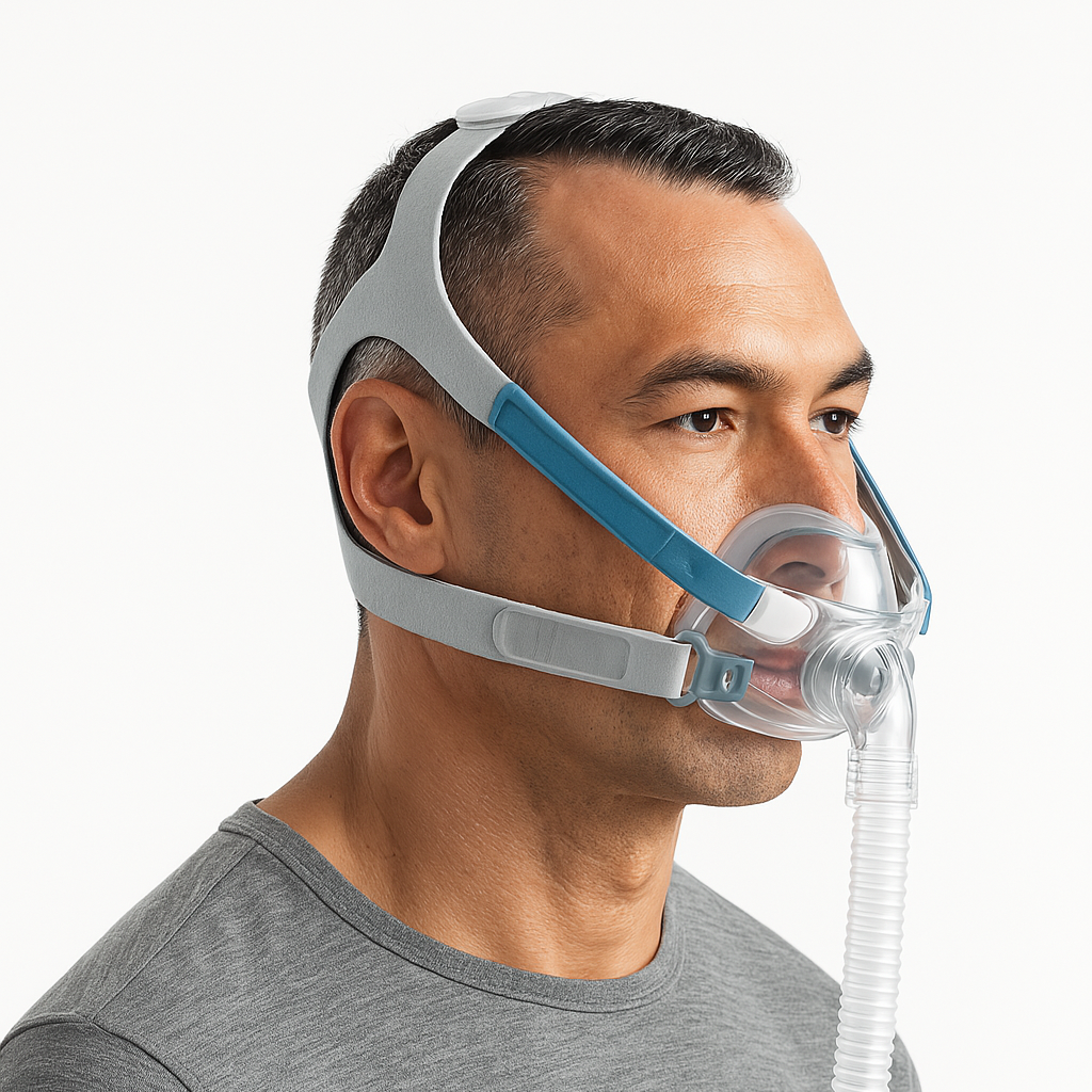 Man wearing Evora Fisher Paykel Evora Full sleep apnea face mask Recharge CPAP