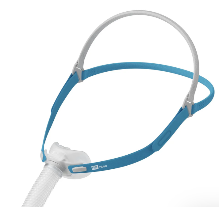Overhead view of Nova Micro mask and blue headgear highlighting ultra-low-profile design