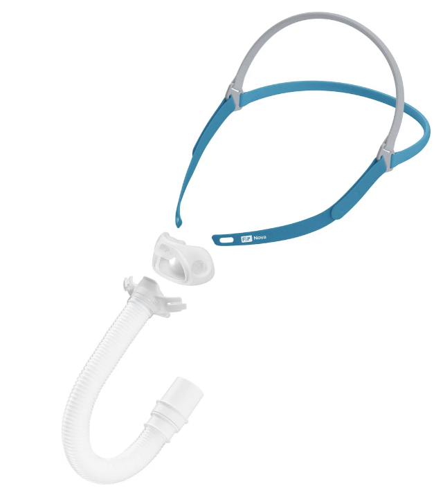 Fisher & Paykel Nova Micro nasal pillows CPAP mask with headgear and short tube on white background