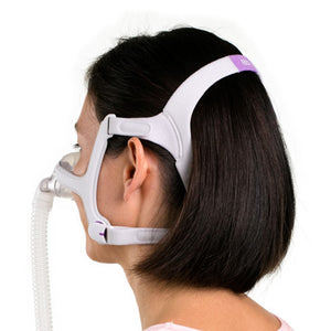 a woman using a airfit n20 nasal cpap mask