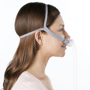 A woman using a AirFit P10 Nasal pillow mask